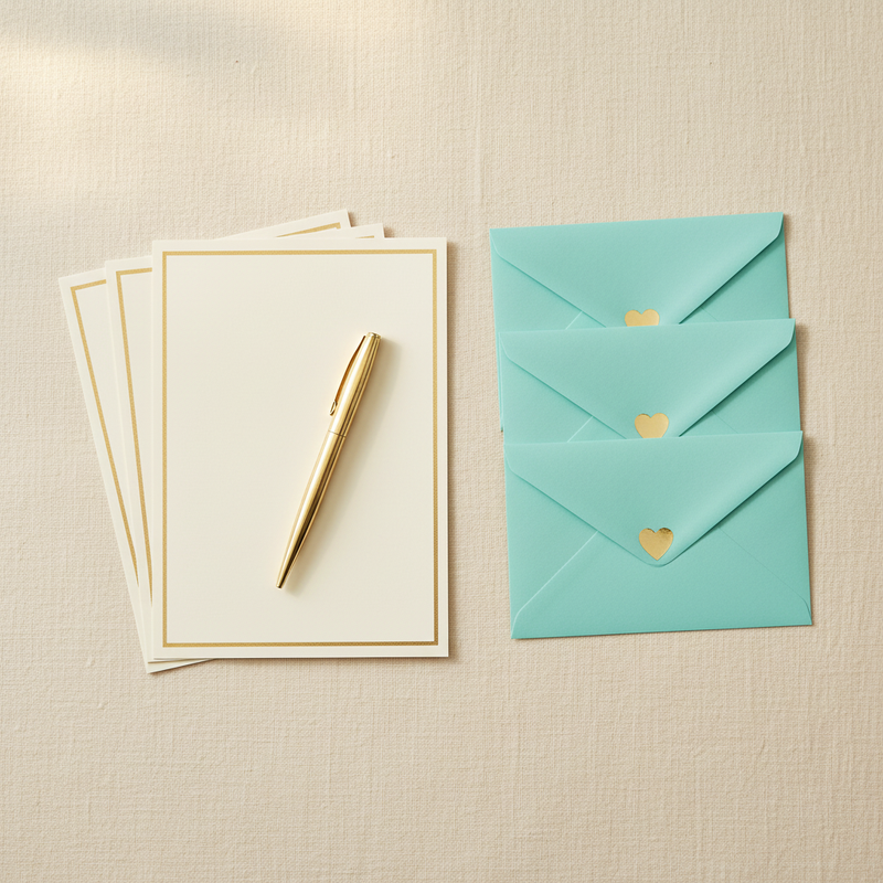 A stack of three letters with seafoam aqua envelopes with gold heart stickers fanned out on a linen surface