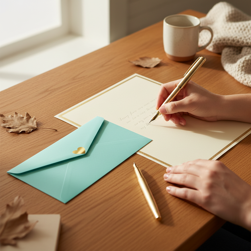 Hands writing a letter at a cozy desk with a seafoam aqua envelope and gold pen nearby