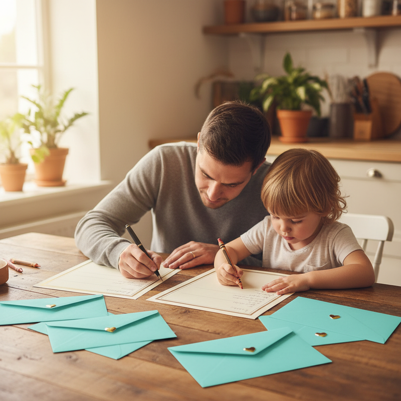 A parent and child writing letters together at a kitchen table with seafoam aqua envelopes and gold heart stickers