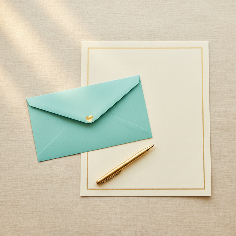A seafoam aqua envelope with gold heart sticker beside cream gold-lined paper and a gold pen on a linen surface